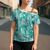 Teal Hawaii Tapa Pattern Cross Shoulder Shirt With Heliconia Vintage Style LT05 - Polynesian Pride