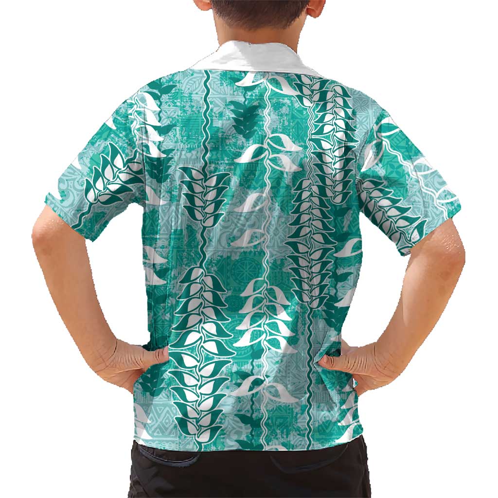 Teal Hawaii Tapa Pattern Family Matching Long Sleeve Bodycon Dress and Hawaiian Shirt With Heliconia Vintage Style