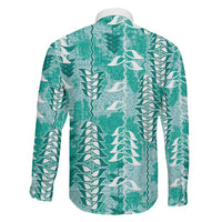 Teal Hawaii Tapa Pattern Family Matching Long Sleeve Bodycon Dress and Hawaiian Shirt With Heliconia Vintage Style