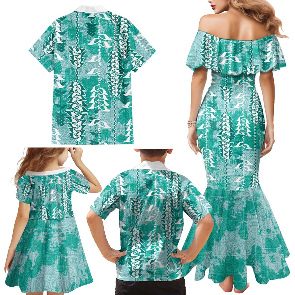 Teal Hawaii Tapa Pattern Family Matching Mermaid Dress and Hawaiian Shirt With Heliconia Vintage Style