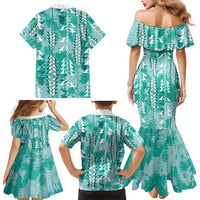 Teal Hawaii Tapa Pattern Family Matching Mermaid Dress and Hawaiian Shirt With Heliconia Vintage Style