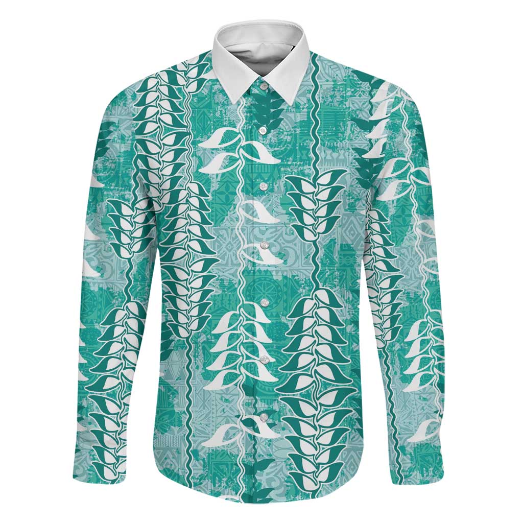 Teal Hawaii Tapa Pattern Family Matching Mermaid Dress and Hawaiian Shirt With Heliconia Vintage Style