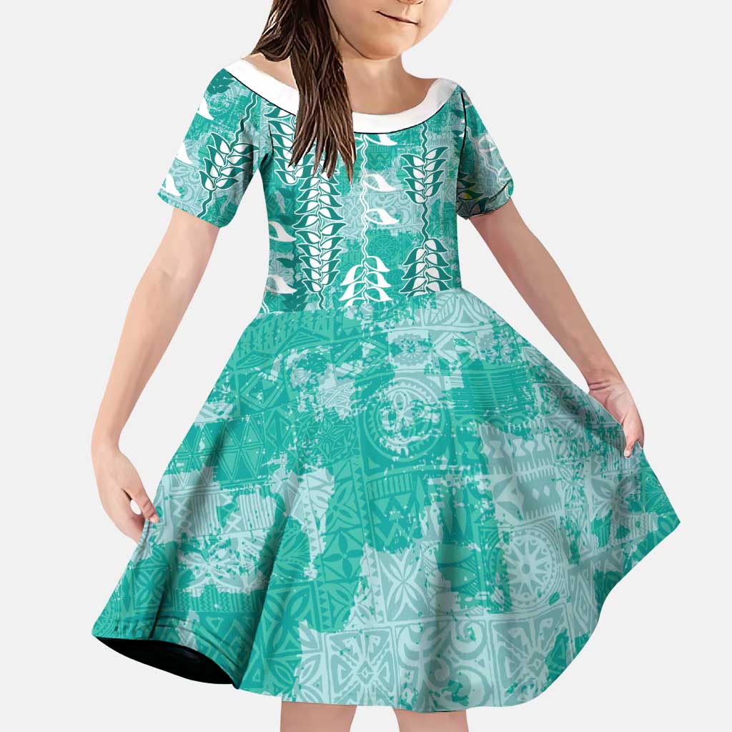 Teal Hawaii Tapa Pattern Family Matching Off Shoulder Short Dress and Hawaiian Shirt With Heliconia Vintage Style