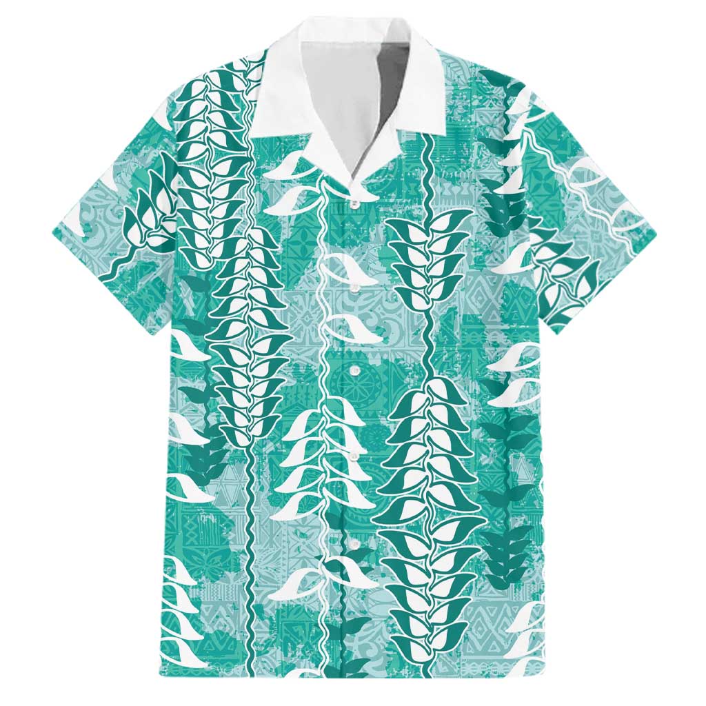 Teal Hawaii Tapa Pattern Family Matching Off Shoulder Short Dress and Hawaiian Shirt With Heliconia Vintage Style