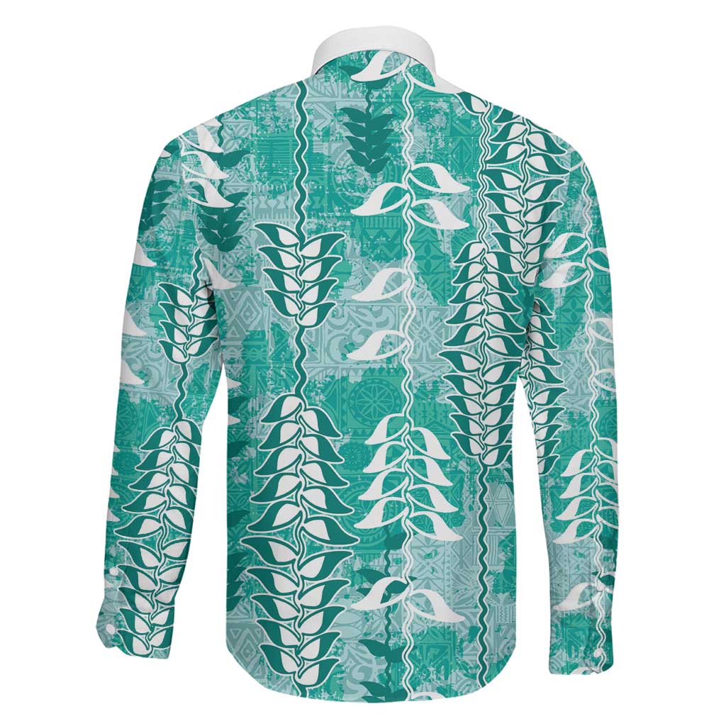 Teal Hawaii Tapa Pattern Family Matching Off Shoulder Short Dress and Hawaiian Shirt With Heliconia Vintage Style