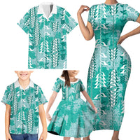 Teal Hawaii Tapa Pattern Family Matching Short Sleeve Bodycon Dress and Hawaiian Shirt With Heliconia Vintage Style