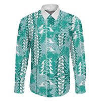 Teal Hawaii Tapa Pattern Family Matching Short Sleeve Bodycon Dress and Hawaiian Shirt With Heliconia Vintage Style
