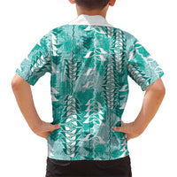 Teal Hawaii Tapa Pattern Family Matching Tank Maxi Dress and Hawaiian Shirt With Heliconia Vintage Style