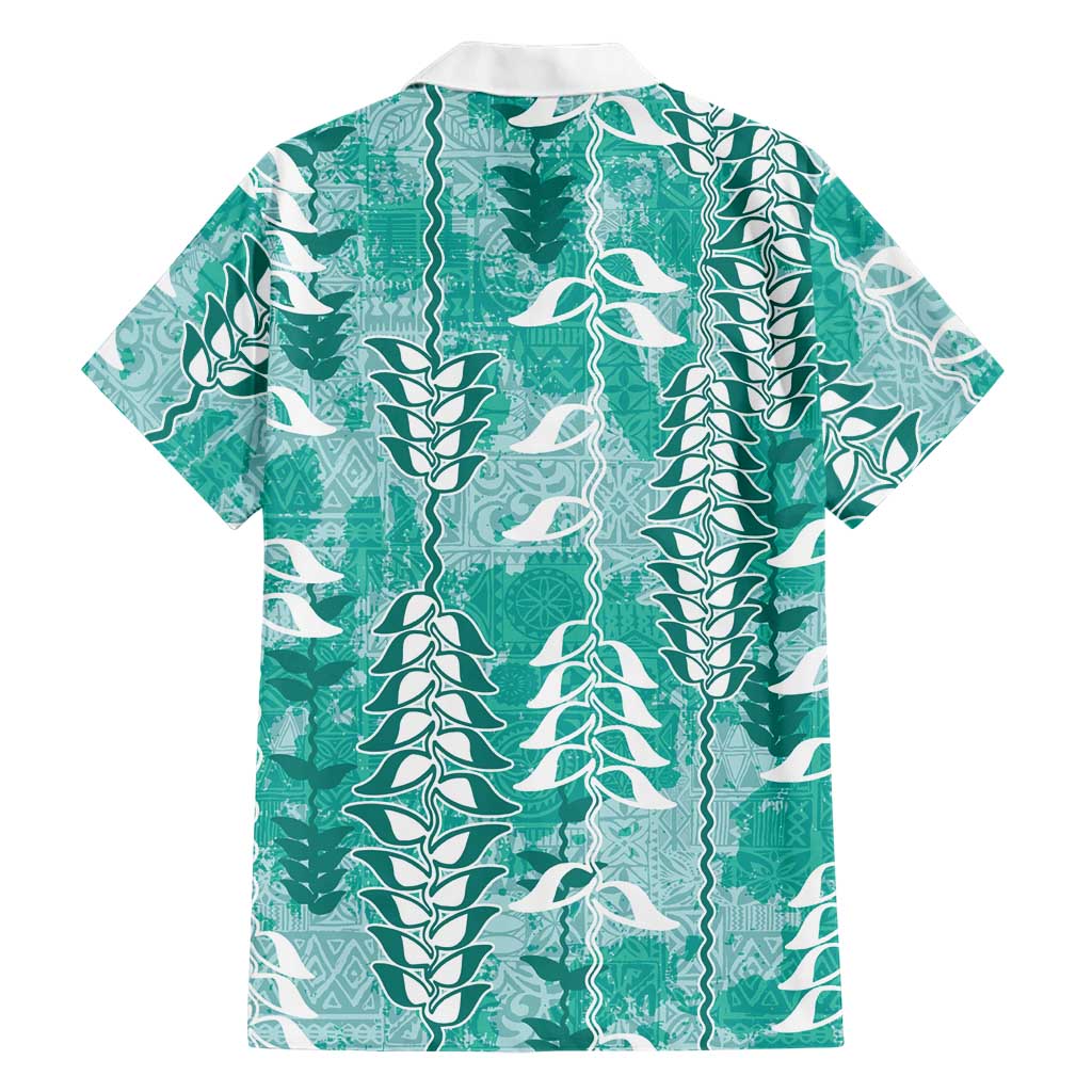 Teal Hawaii Tapa Pattern Family Matching Tank Maxi Dress and Hawaiian Shirt With Heliconia Vintage Style