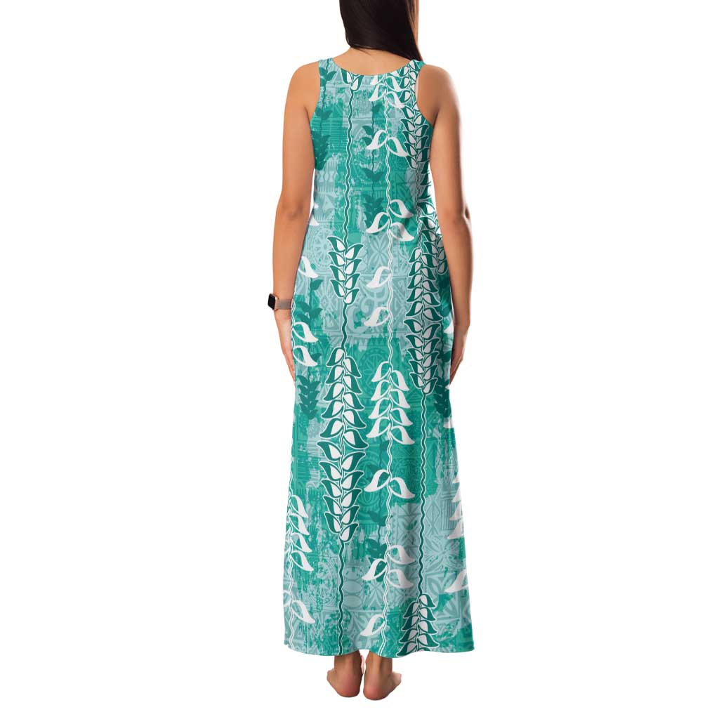 Teal Hawaii Tapa Pattern Family Matching Tank Maxi Dress and Hawaiian Shirt With Heliconia Vintage Style