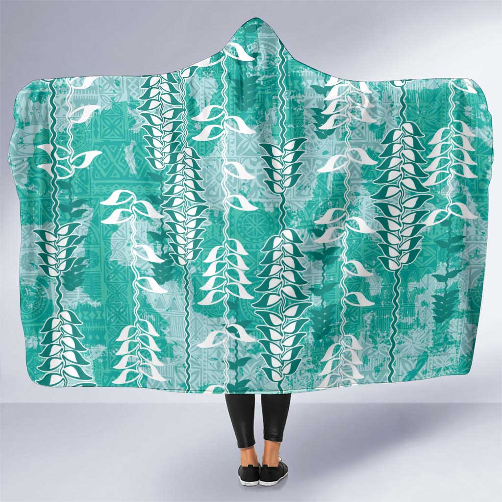 Teal Hawaii Tapa Pattern Hooded Blanket With Heliconia Vintage Style
