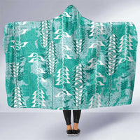Teal Hawaii Tapa Pattern Hooded Blanket With Heliconia Vintage Style