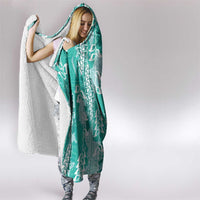 Teal Hawaii Tapa Pattern Hooded Blanket With Heliconia Vintage Style
