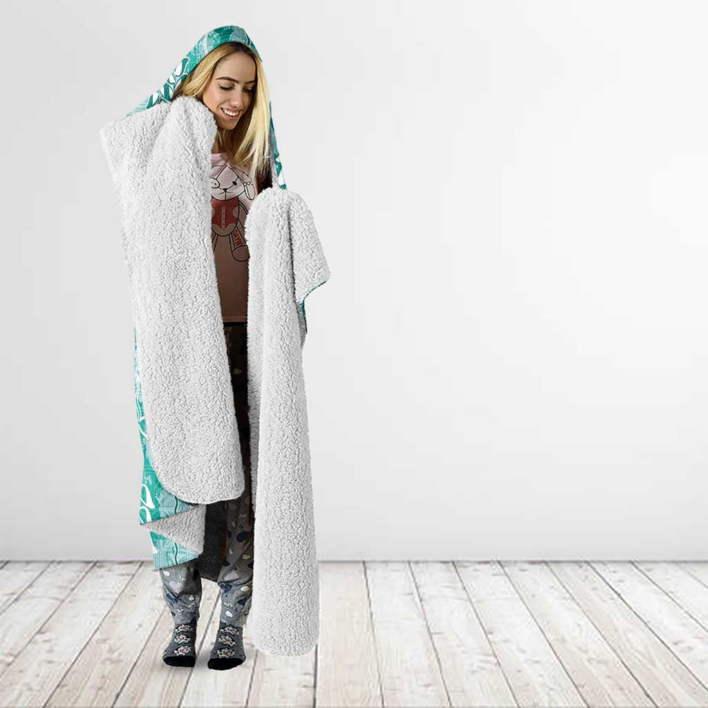 Teal Hawaii Tapa Pattern Hooded Blanket With Heliconia Vintage Style