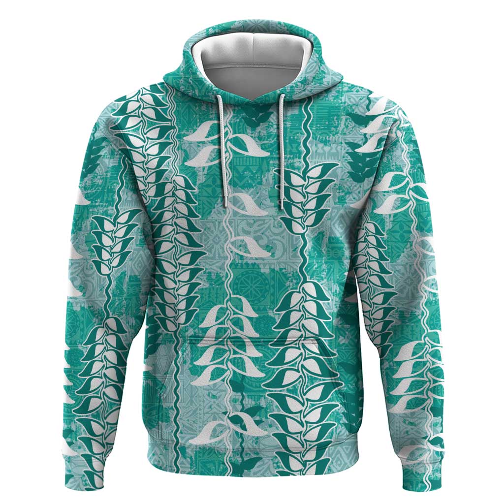 Teal Hawaii Tapa Pattern Hoodie With Heliconia Vintage Style LT05 Pullover Hoodie Teal - Polynesian Pride
