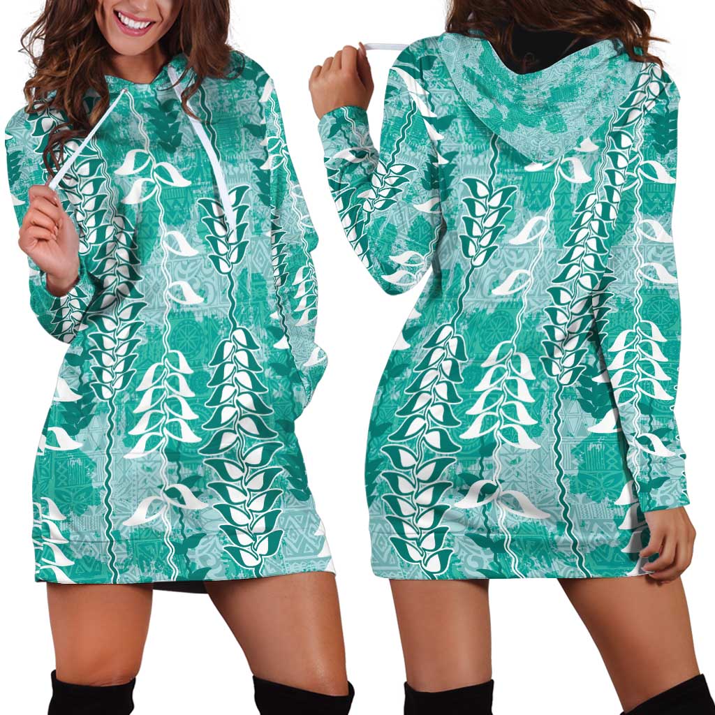 Teal Hawaii Tapa Pattern Hoodie Dress With Heliconia Vintage Style LT05 - Polynesian Pride