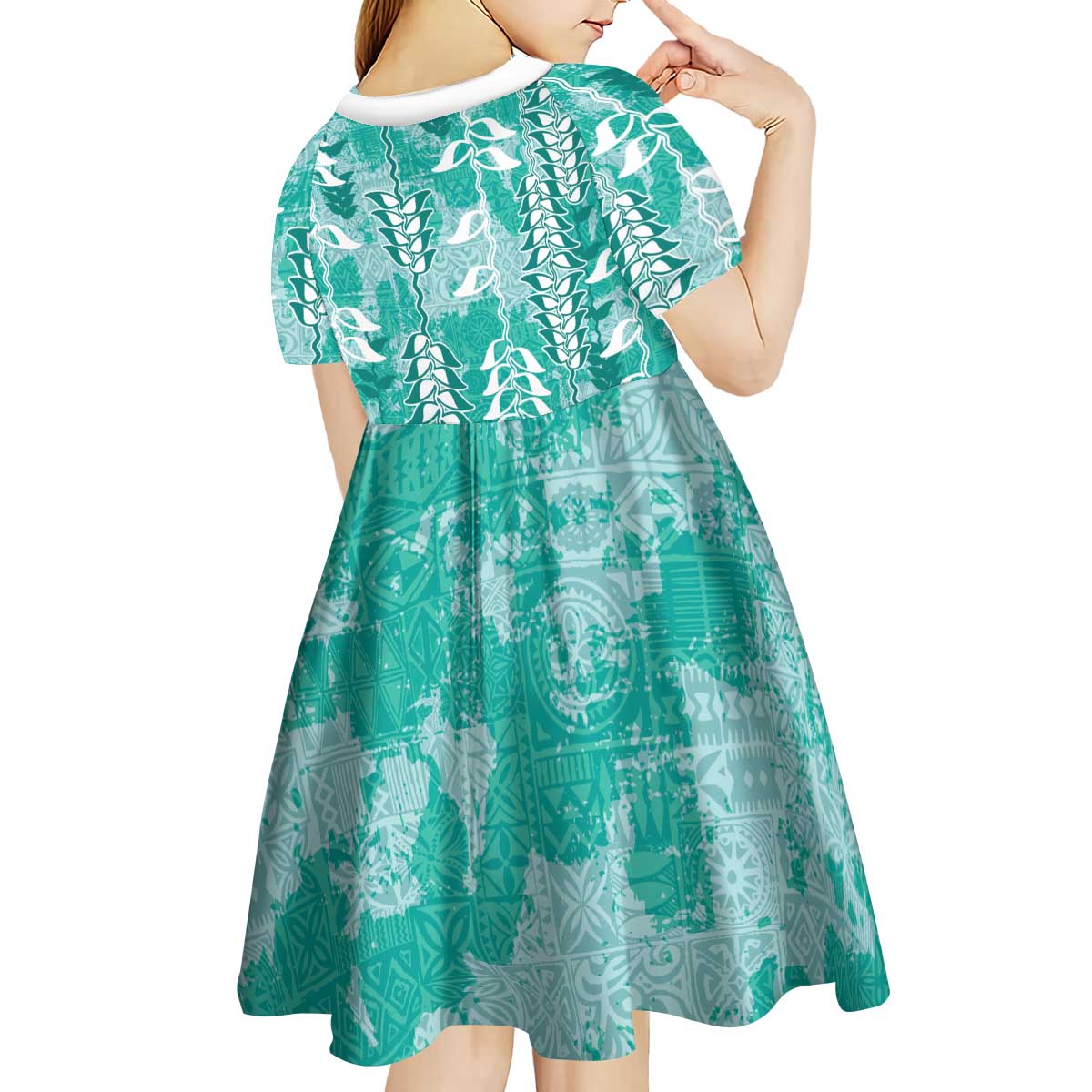 Teal Hawaii Tapa Pattern Kid Short Sleeve Dress With Heliconia Vintage Style LT05 - Polynesian Pride