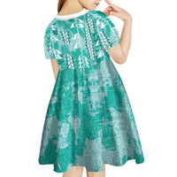 Teal Hawaii Tapa Pattern Kid Short Sleeve Dress With Heliconia Vintage Style LT05 - Polynesian Pride