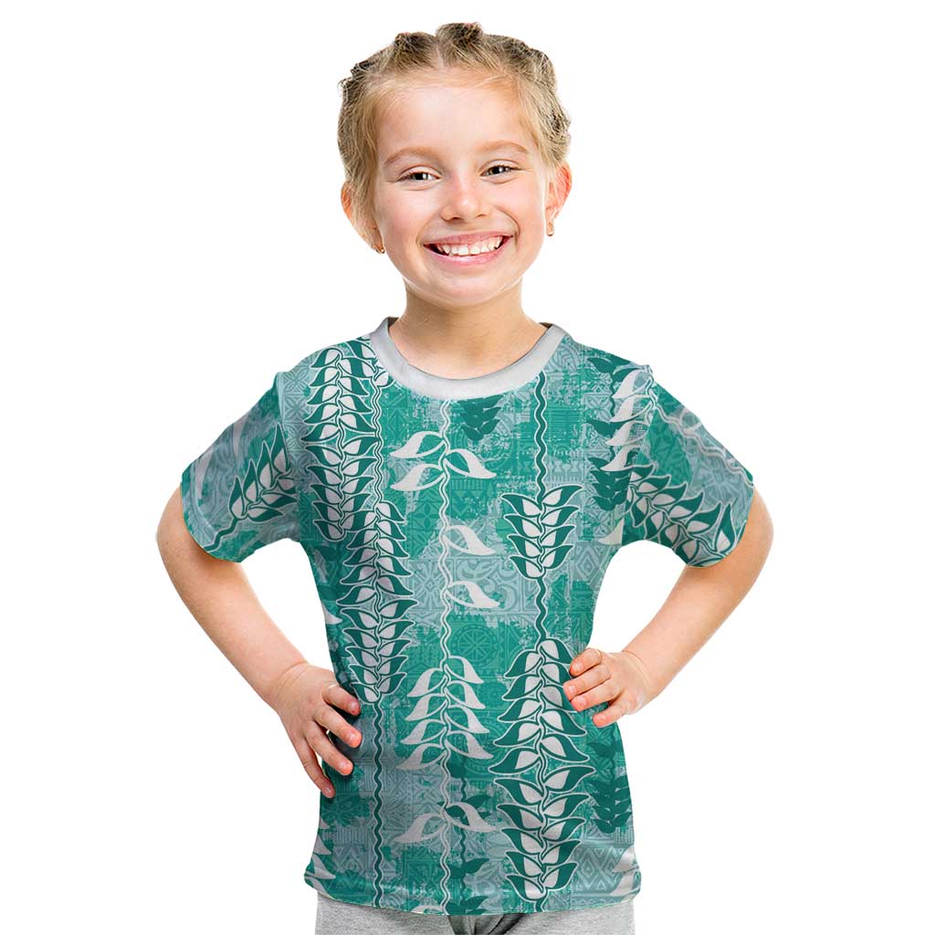 Teal Hawaii Tapa Pattern Kid T Shirt With Heliconia Vintage Style LT05 Teal - Polynesian Pride