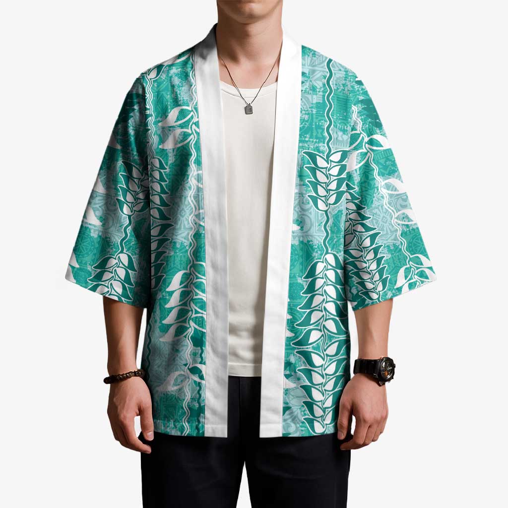 Teal Hawaii Tapa Pattern Kimono With Heliconia Vintage Style LT05 - Polynesian Pride