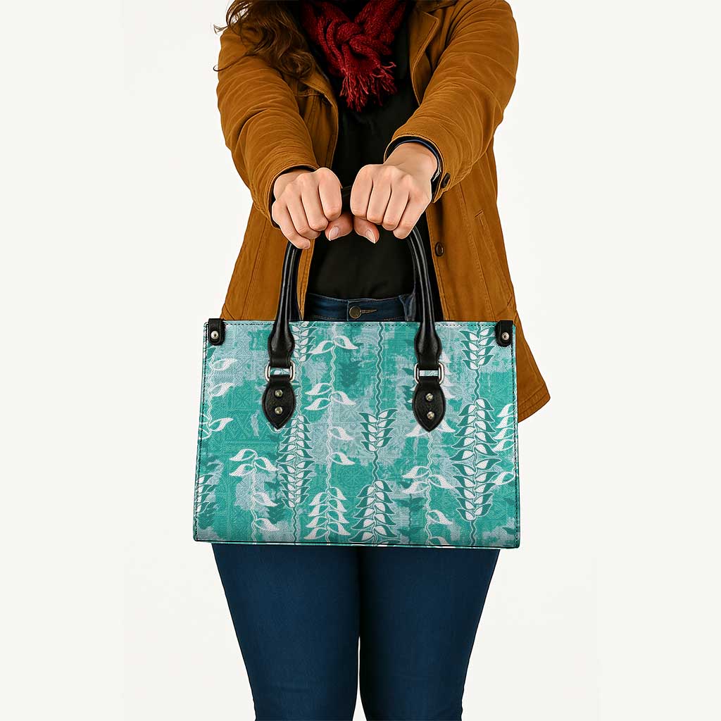 Teal Hawaii Tapa Pattern Leather Bag With Heliconia Vintage Style LT05 - Polynesian Pride