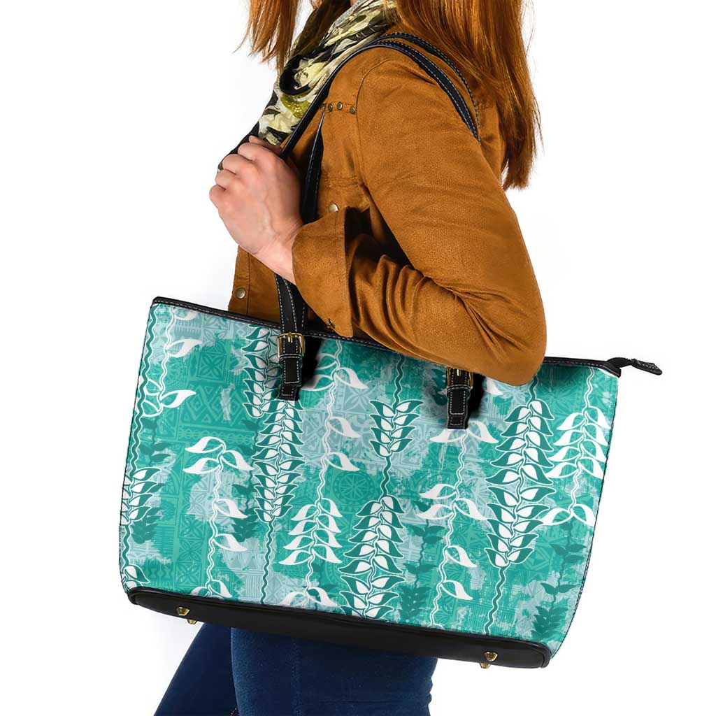Teal Hawaii Tapa Pattern Leather Tote Bag With Heliconia Vintage Style LT05 Teal - Polynesian Pride