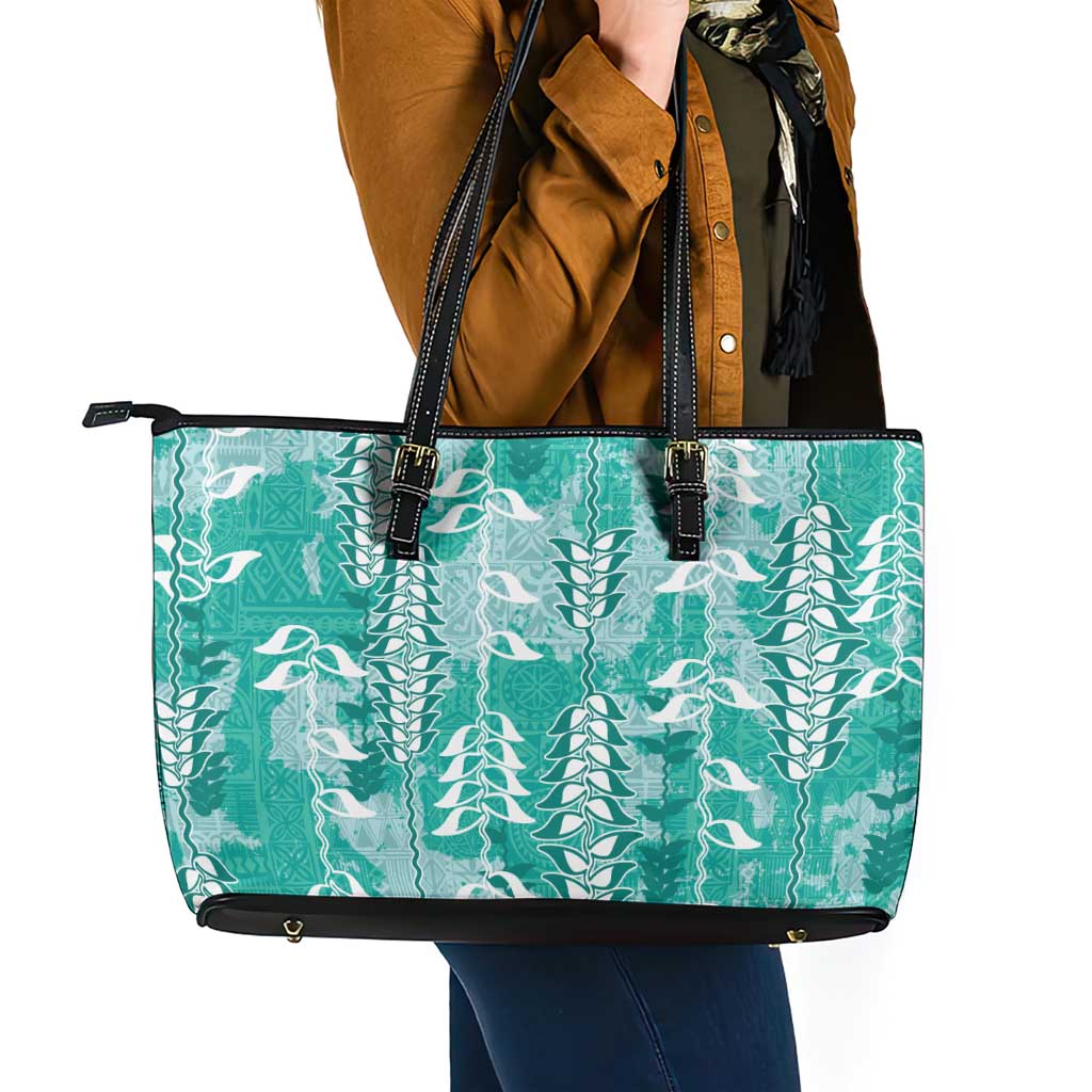 Teal Hawaii Tapa Pattern Leather Tote Bag With Heliconia Vintage Style LT05 - Polynesian Pride