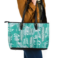 Teal Hawaii Tapa Pattern Leather Tote Bag With Heliconia Vintage Style LT05 - Polynesian Pride