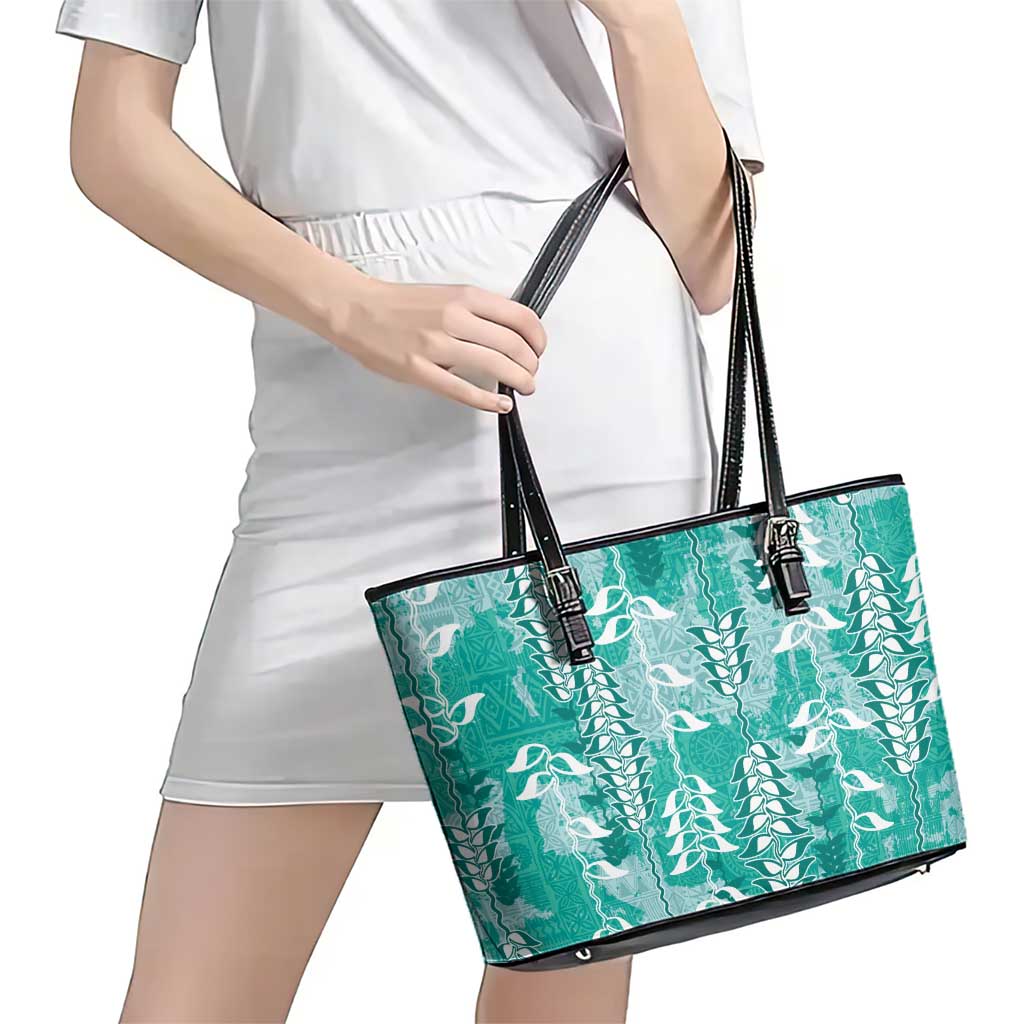 Teal Hawaii Tapa Pattern Leather Tote Bag With Heliconia Vintage Style LT05 - Polynesian Pride