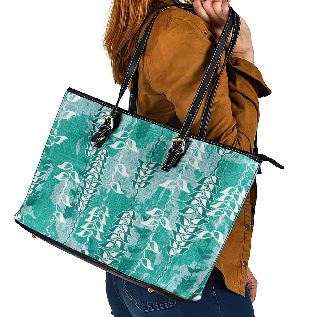 Teal Hawaii Tapa Pattern Leather Tote Bag With Heliconia Vintage Style LT05 - Polynesian Pride