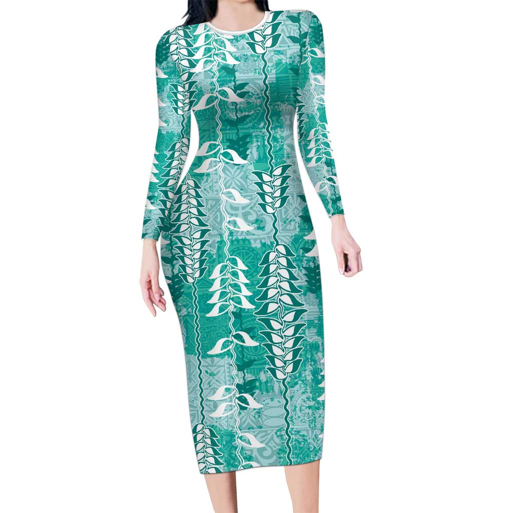 Teal Hawaii Tapa Pattern Long Sleeve Bodycon Dress With Heliconia Vintage Style LT05 Long Dress Teal - Polynesian Pride