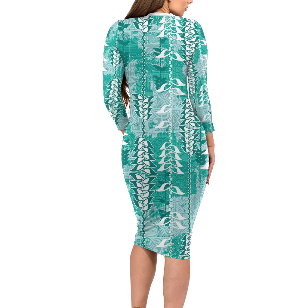 Teal Hawaii Tapa Pattern Long Sleeve Bodycon Dress With Heliconia Vintage Style LT05 - Polynesian Pride