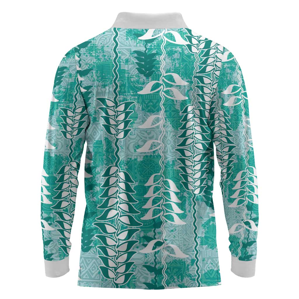 Teal Hawaii Tapa Pattern Long Sleeve Polo Shirt With Heliconia Vintage Style LT05 - Polynesian Pride