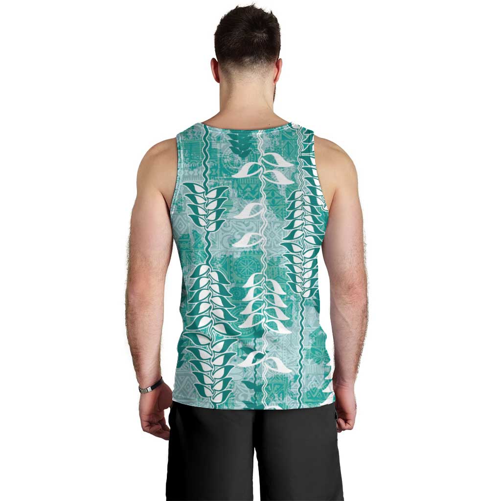 Teal Hawaii Tapa Pattern Men Tank Top With Heliconia Vintage Style LT05 - Polynesian Pride