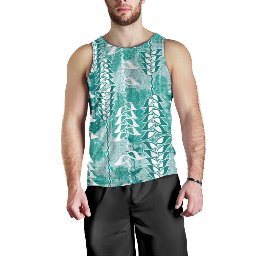 Teal Hawaii Tapa Pattern Men Tank Top With Heliconia Vintage Style LT05 - Polynesian Pride
