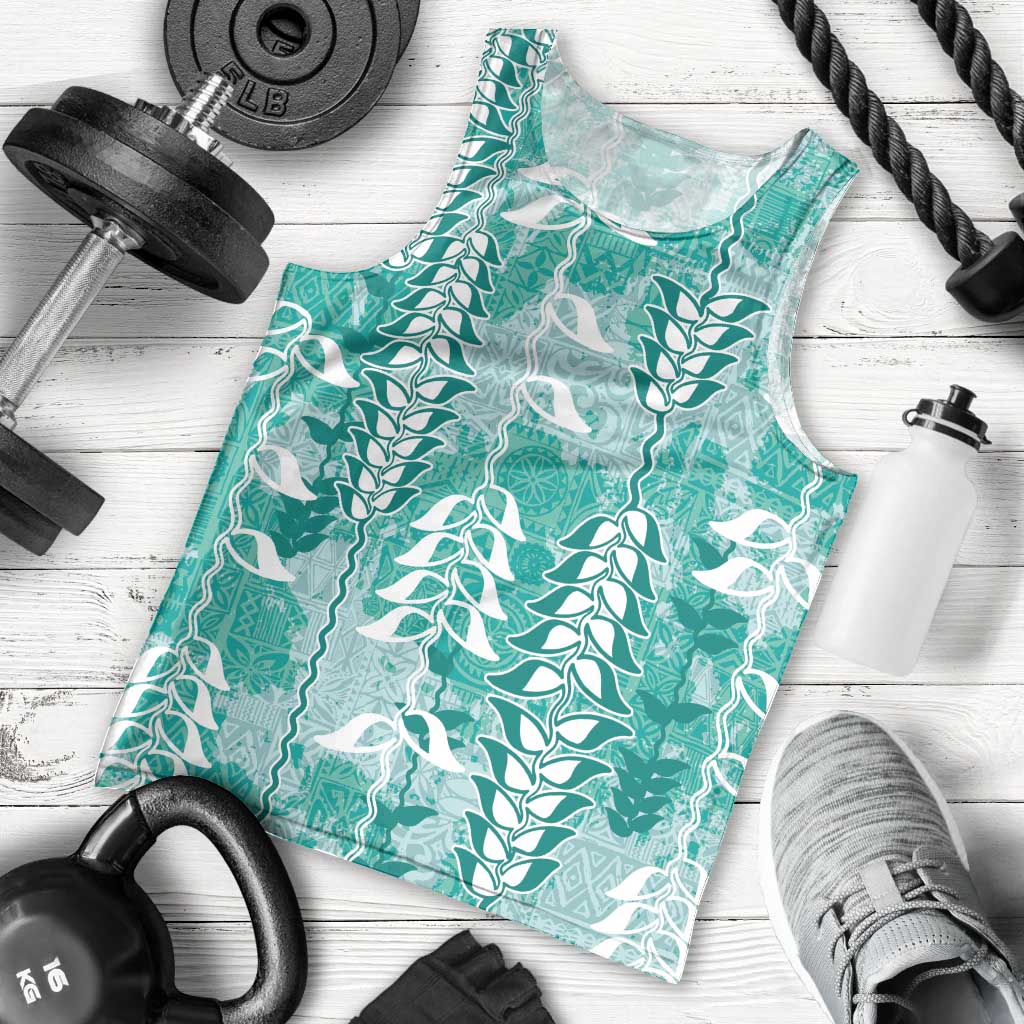 Teal Hawaii Tapa Pattern Men Tank Top With Heliconia Vintage Style LT05 - Polynesian Pride