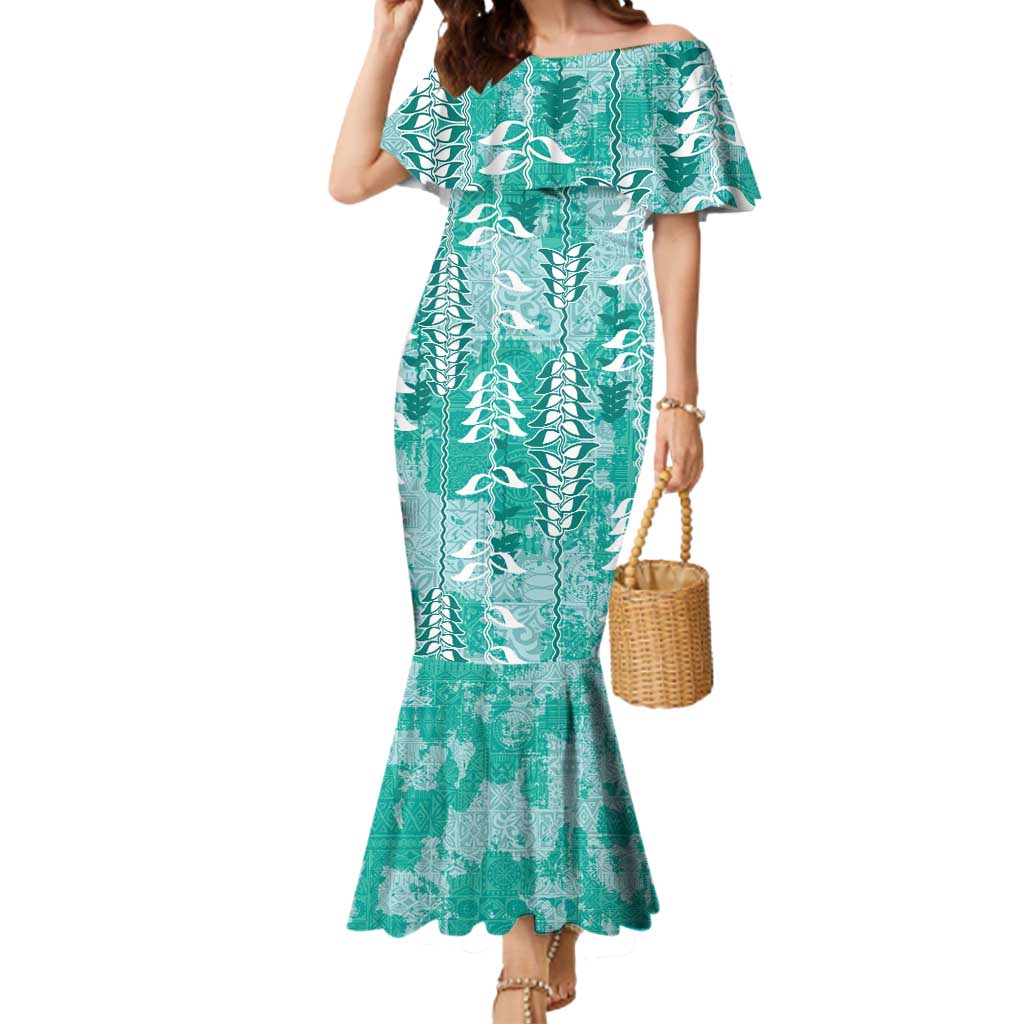 Teal Hawaii Tapa Pattern Mermaid Dress With Heliconia Vintage Style LT05 Women Teal - Polynesian Pride