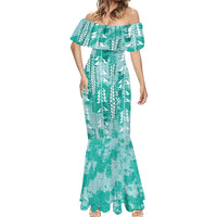 Teal Hawaii Tapa Pattern Mermaid Dress With Heliconia Vintage Style LT05 - Polynesian Pride