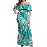 Teal Hawaii Tapa Pattern Off Shoulder Maxi Dress With Heliconia Vintage Style LT05 Women Teal - Polynesian Pride