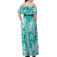 Teal Hawaii Tapa Pattern Off Shoulder Maxi Dress With Heliconia Vintage Style LT05 - Polynesian Pride