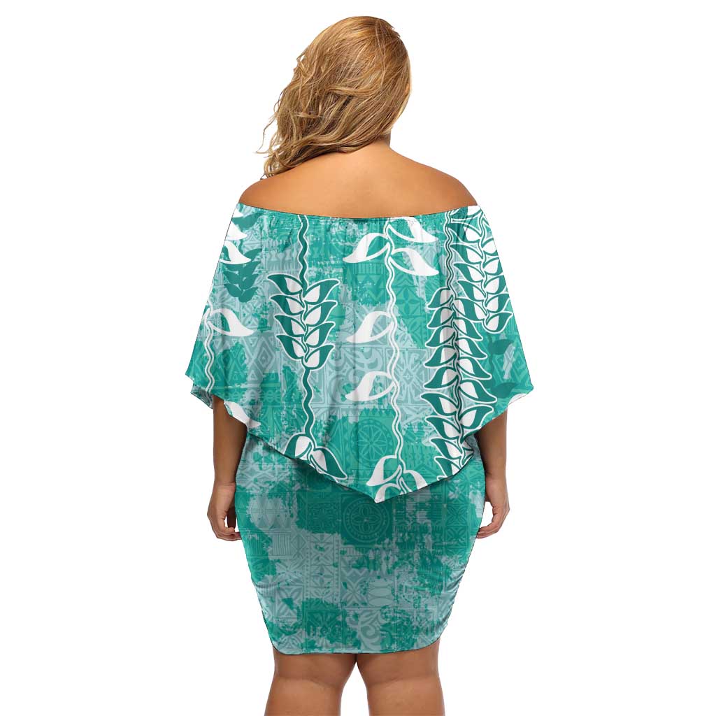Teal Hawaii Tapa Pattern Off Shoulder Short Dress With Heliconia Vintage Style LT05 - Polynesian Pride