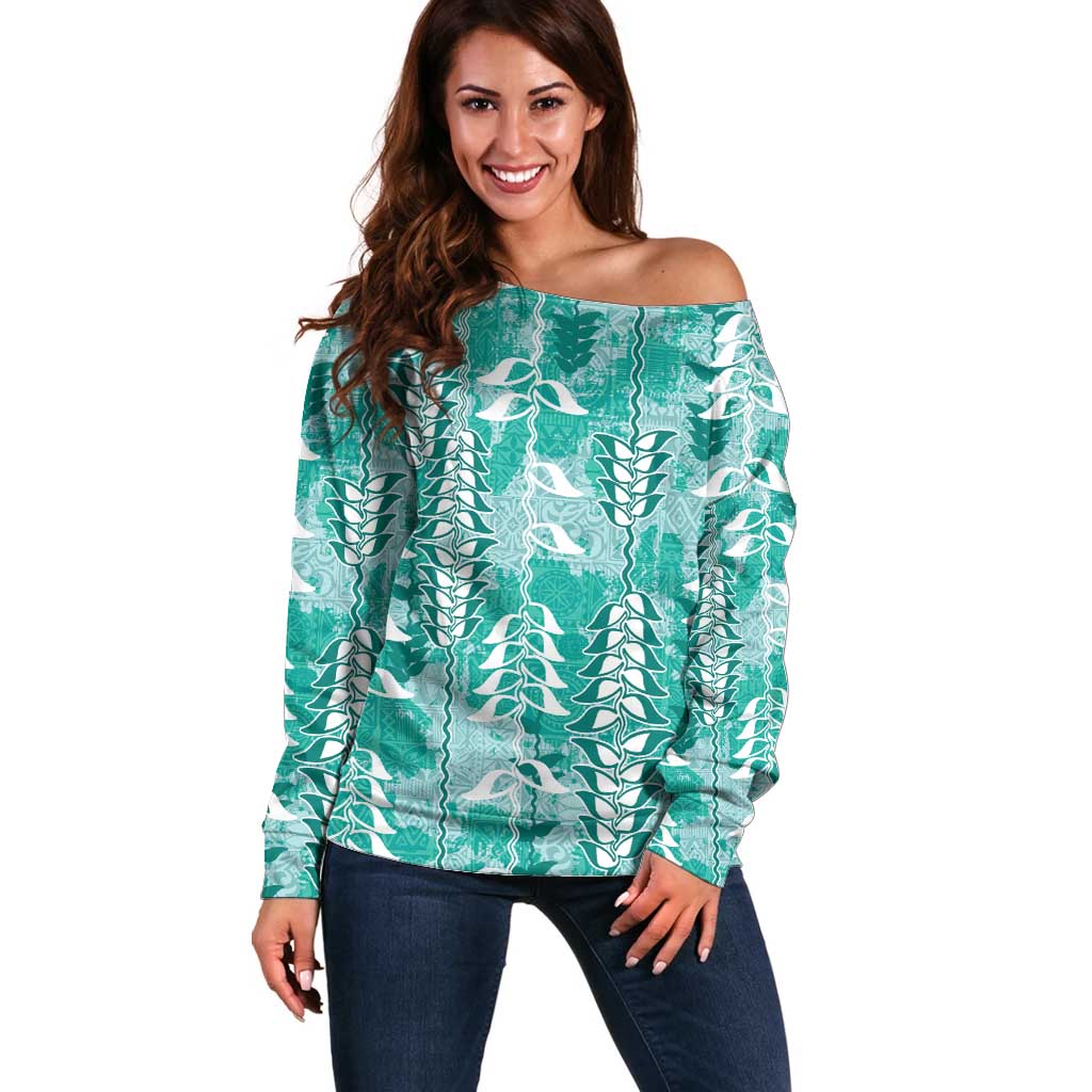 Teal Hawaii Tapa Pattern Off Shoulder Sweater With Heliconia Vintage Style LT05 Women Teal - Polynesian Pride