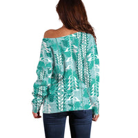 Teal Hawaii Tapa Pattern Off Shoulder Sweater With Heliconia Vintage Style LT05 - Polynesian Pride