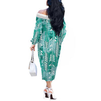 Teal Hawaii Tapa Pattern Off The Shoulder Long Sleeve Dress With Heliconia Vintage Style LT05 - Polynesian Pride