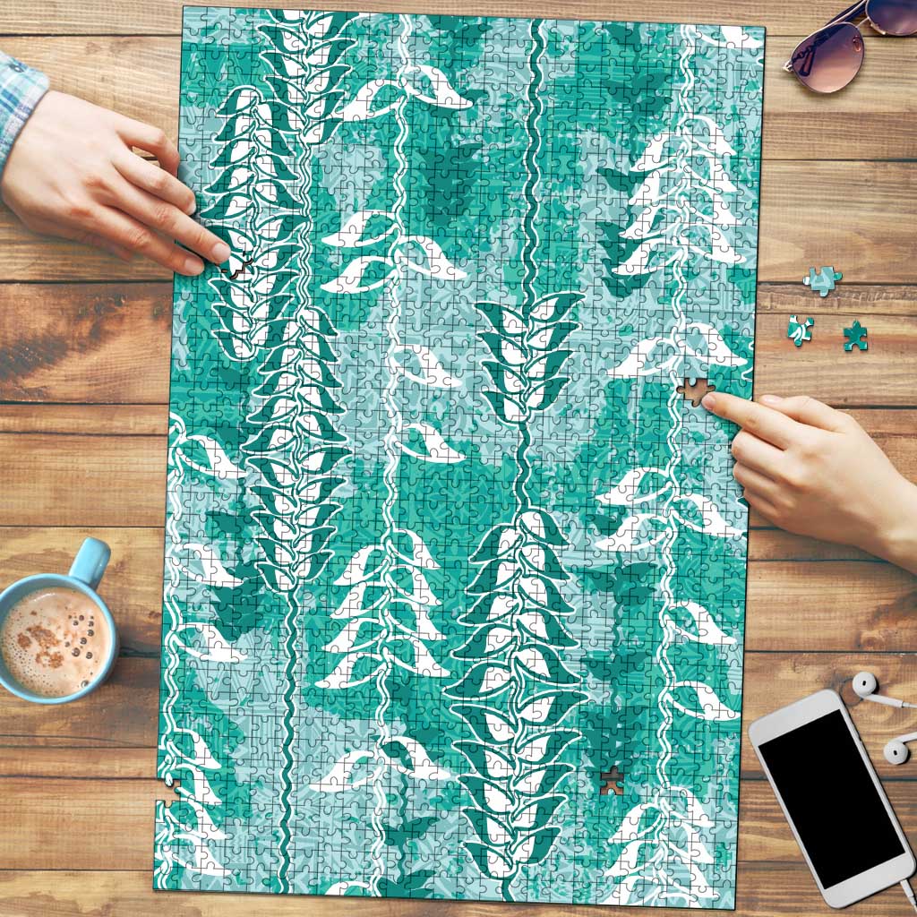 Teal Hawaii Tapa Pattern Puzzle With Heliconia Vintage Style