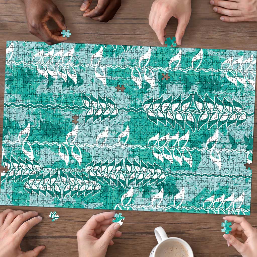 Teal Hawaii Tapa Pattern Puzzle With Heliconia Vintage Style