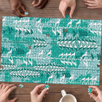 Teal Hawaii Tapa Pattern Puzzle With Heliconia Vintage Style