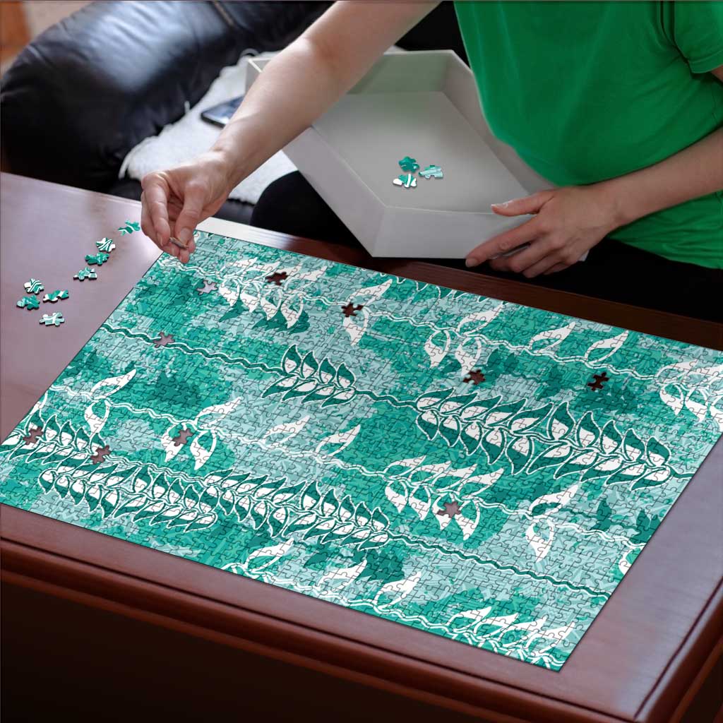 Teal Hawaii Tapa Pattern Puzzle With Heliconia Vintage Style