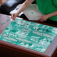 Teal Hawaii Tapa Pattern Puzzle With Heliconia Vintage Style
