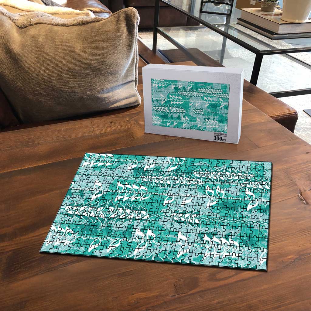 Teal Hawaii Tapa Pattern Puzzle With Heliconia Vintage Style